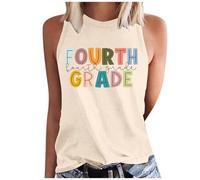 Top Damen Sommer Tank Für Frauen Shirt Den Ersten Schultag Lehrer-Outfit Schulanfang Grafik-T-Shirt Oberteile Ärmellose Shirts Trägershirt Locker Ärmelloses Elegant Sexy Basic Kurz Tops Beige 3XL