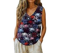 Top Damen Sommer Tank Niedliche V-Ausschnitt-Shirts Blusen Mit Kurzen Ärmeln Locker Sitzende T-Shirts Grafikprint Lang Basic Tshirt Ärmellos Oberteil T-Shirt Baumwolle Tanktop Shirt Große Marine XL
