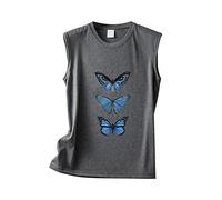 Top Damen Sommer Tank Rundhalsausschnitt Ärmellos Einfarbig Schmetterlingsdruck Lose Weste Party Tops Sexy Ärmelloses Tanktop Große Größen Oberteil Basic Locker Sommertops Shirt Ärmellos Dunkelgrau