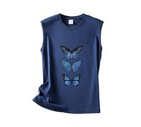 Top Damen Sommer Tank Rundhalsausschnitt Ärmellos Einfarbig Schmetterlingsdruck Lose Weste Party Tops Sexy Ärmelloses Tanktop Große Größen Oberteil Basic Locker Sommertops Shirt Ärmellos Dunkelblau