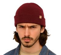 TOP-EX 80% Merino Wolle Fisherman Beanie Trawler Mütze Unisex Kurz Strickmütze Wollmütze Herren Damen Wintermütze Burgundy M/L
