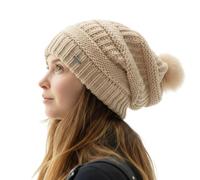 TOP-EX Kuschelige Damen Strickmütze aus 100% Wolle mit Bommel - Fleecefutter, Winddicht & ideal für Wintersport - Beige