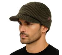 TOP-EX PolarWool™ Merinowolle Schirmmütze Herren Großer Head, Winter Strickmützen Beanie Cap mit Visier, Warm Winddicht Wintermütze mit Fleecefutter für Running Hiking, Olivgrün XL/XXL