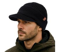 TOP-EX PolarWool™ XL/XXL 100% Merinowolle Schirmmütze Herren Großer Head, Winter Strickmützen Beanie Cap mit Visier, Warm Winddicht Wintermütze mit Fleecefutter für Ski Golf, Schwarz
