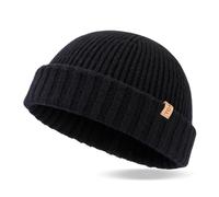 TOP-EX XL/XXL 100% Merino Wolle Fisherman Beanie Trawler Beanie Herren Damen Wintermuetze Strickmuetze Schwarz M/L