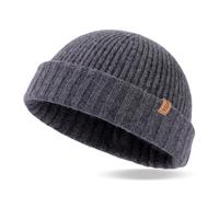 TOP-EX XL/XXL 100% Merino Wolle Fisherman Beanie Trawler Beanie Herren Damen Wintermuetze Strickmuetze Grau M/L