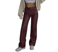 Topassion Arbeitshose Outdoor Freizeithose Damen Lederhose Modern Palazzohose Kunstleder Anzughose High Waist Hose Casual Wanderhos Einfarbig Weite Bein Hosen mit Knopfverschluss(Weinrot,M)