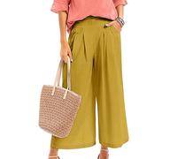 Topassion Sommerhose Elegant Stoffhose Damem Freizeithose Elastischem Bund Hosenanzug Mode Trainingshose Wanderhose Oversize Fahrradhose High Waist Hosen 7/8 Musselinhose(D01-gelb,M)