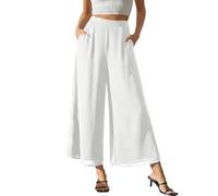 Topassion Sommerhose Elegant Stoffhose Damem Freizeithose Elastischem Bund Hosenanzug Mode Trainingshose Wanderhose Oversize Fahrradhose High Waist Hosen 7/8 Musselinhose(D02-weiß,XL)