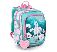 TOPGAL Schulrucksack für Mädchen ab 1. Klasse, ergonomisch & leicht, wasserabweisend, mit reflektierenden Elementen, 21 L Schulranzen mit Brustgurt & Rückenpolsterung (Pferd 2 Blau Rosa)