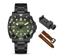 TOPHILL Herrenuhr Taucheruhr Automatik NH34 Uhrwerk GMT 30ATM Superluminova-BGW9 Saphirglas Datumsfenster mit Silikonarmband & Edelstahlarmband (Schwarz-Grün)