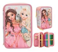 Depesche 13324 TOPModel Juicy - Gefüllte 3-Fach Federtasche in Creme und Rosa, mit Model Motiv, Äffchen und Buntem Muster, Federmappe mit Buntstiften, Schere, Lineal UVM.