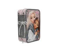 Depesche 13315 TOPModel My BFF - Gefüllte 3-Fach Federtasche in Grau und Rosa, mit Model Motiv und Glitzer, Federmappe mit Buntstiften, Schere, Lineal UVM.