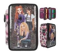 Depesche 13017 TOPModel Rebel Kitty - Gefüllte 3-Fach Federtasche in Schwarz, mit Model Motiv, Glitzer und Leo-Fell, Federmappe mit Buntstiften, Lineal, Schere uvm.