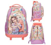 Depesche 13286 TOPModel Girl Power - Schulrucksack Trolley in Lila und Beige, mit Model Motiv und bunten Patches, Schultasche mit Teleskopgriff und Rollen