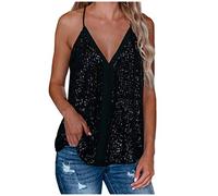 Tops Damen Glitzer Pailletten Tank Tops Spaghettiträger Oberteil Party Sparkle Shimmer Trägershirt Silvester Valentinstag Blusen Metallic Top Shirt Elegant Ärmellose Weste