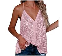 Tops Damen Glitzer Pailletten Tank Tops Spaghettiträger Oberteil Party Sparkle Shimmer Trägershirt Silvester Valentinstag Blusen Metallic Top Shirt Elegant Ärmellose Weste