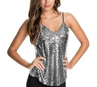 Tops Damen Glitzer Pailletten Tank Tops Spaghettiträger Oberteil Party Sparkle Shimmer Trägershirt Silvester Valentinstag Blusen Metallic Top Shirt Elegant Ärmellose Weste