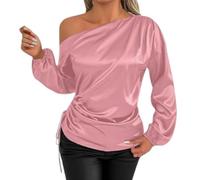 Tops Für Damen,Damen-Seidensatin-Top Mit Einem Schulterträger, Laternenärmeln, Geraffter Seite Und Kordelzug, Lässig-Elegant, Business-Tauglich, Einfarbig, Leichtes Büro-Outfit, Rosa, Größe S