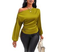 Tops Für Damen,Damen-Seidensatin-Top Mit Einem Schulterträger, Laternenärmeln, Geraffter Seite Und Kordelzug, Lässig-Elegant, Business-Look, Einfarbig, Leichtes Büro-Outfit, Gelb, Größe L