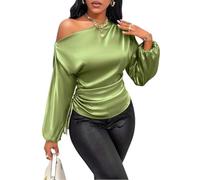 Tops Für Damen,Damen-Seidensatin-Top Mit Einem Schulterträger, Laternenärmeln, Geraffter Seite Und Kordelzug, Lässig-Elegant, Business-Look, Einfarbig, Leichtes Büro-Outfit, Grün, Größe L