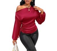 Tops Für Damen,Damen-Seidensatin-Top Mit Einem Schulterträger, Laternenform, Langen Ärmeln, Geraffter Seite Und Kordelzug, Lässig-Elegant, Business-Tauglich, Einfarbig, Leichtes Büro-Outfit, Ro
