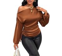 Tops Für Damen,Damen-Seidensatin-Top Mit One-Shoulder-Schulter, Laternenform, Langen Ärmeln, Geraffter Seite Und Kordelzug, Lässig-Elegant, Business-Tauglich, Einfarbig, Leichtes Büro-Outfit, Ka