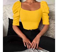 Tops Für Damen,Damenbluse Mit Quadratischem Ausschnitt, Sommerhemden, Schmal, Puffärmel, Basic-Tanktops, Elegante Bluse, T-Shirt-Jacke, Lässige Bluse, Tunika, Sweatshirt-Tops Für Damen, Gelb, Xs