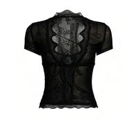 Tops Für Damen Sommer, Stilvolles, transparentes Spitzentop mit Cut-Out und Bindeband vorne für Streetwear, figurbetonte, glänzende Mesh-Bluse