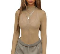 Tops für Damen, Transparente Ausgeh Tops Damen Elegante Leicht Durchsichtige Bluse mit Daumenloch Sexy Mesh T Shirt Figurbetontes Sommer Spitzenshirt für Partys und Clubbesuche Khaki L