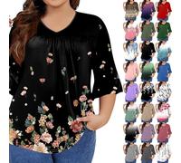 Tops Für Damen V-Ausschnitt Tshirts Oversize Bedrucken Große Größen Tops Loose Rüschen 3/4 Arm Oberteile Vintage Shirts Casual Mode Blusen Leicht Pullover Kleidung Bluse(#AA Black,4XL)