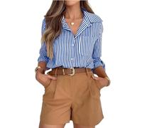 Tops Sommer Leinenbluse Damen Elegant Langarm Streifenbluse Hemden Basic Tops Casual Büro Arbeit Blusen Baumwolle Hemd Oberteile XL A Blue