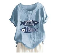Tops, T-Shirts & Blusen für Damen - Bluse Damen Elegant Frauen Vintage Cartoon Fish Print O Neck Floral Shirt Short Sleeves Top Bluse Kleidung Frauen Sommer Shirt Frau Teenager Mädchen T-Shirt