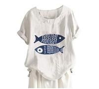 Tops, T-Shirts & Blusen für Damen - Bluse Damen Elegant Frauen Vintage Cartoon Fish Print O Neck Floral Shirt Short Sleeves Top Bluse Kleidung Frauen Sommer Shirt Frau Teenager Mädchen T-Shirt