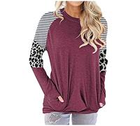 Tops, T-Shirts & Blusen für Damen - T Shirt Damen Lange Stripe&Leopard Crewneck Top Damen Shirt Pullover Bluse Taschenärmel Lose Damenbluse Kleidung Frauen Sommer Shirt Frau Teenager Mädchen T-Shirt