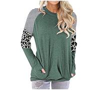 Tops, T-Shirts & Blusen für Damen - T Shirt Damen Lange Stripe&Leopard Crewneck Top Damen Shirt Pullover Bluse Taschenärmel Lose Damenbluse Kleidung Frauen Sommer Shirt Frau Teenager Mädchen T-Shirt