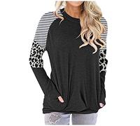 Tops, T-Shirts & Blusen für Damen - T Shirt Damen Lange Stripe&Leopard Crewneck Top Damen Shirt Pullover Bluse Taschenärmel Lose Damenbluse Kleidung Frauen Sommer Shirt Frau Teenager Mädchen T-Shirt