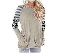 Tops, T-Shirts & Blusen für Damen - T Shirt Damen Lange Stripe&Leopard Crewneck Top Damen Shirt Pullover Bluse Taschenärmel Lose Damenbluse Kleidung Frauen Sommer Shirt Frau Teenager Mädchen T-Shirt