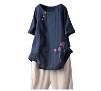 Tops, T-Shirts & Blusen für Damen - Tops für Damen Frauen Bluse mit Ärmeln lässiges Hemd Stickerei O Ausschnitt lose Knopf kurze Top solide Damenbluse Sommer Shirt Frau Teenager Mädchen T-Shirt