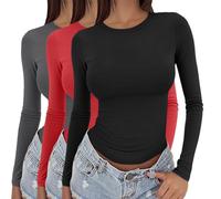 Tops Teenager mädchen,Pack of 3 Basic Long Sleeve Shirt Women's Y2K Top Slim Fit Tight Black White Crew Neck Undershirt Elegant Sexy Tops Cropped Casual Going Out Athletic Top Teenager Streetwear