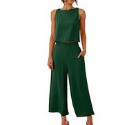 Tops weiße Bluse Damen damenblusen 3/4 arm Baumwolle Leinen Kurzarm Top Shorts Set für Frauen strandhemd kurzer Schlafanzug(Dunkelgrün, M)