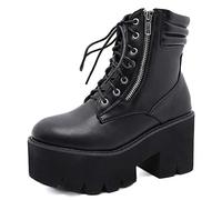 Toride Plateau Stiefel für Damen Blockabsatz Leder Biker Stiefel Herbst Winter Schnürung Runde Zehen High Heels Chunky Heel Stylish Stiefeletten