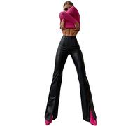 TOSHIKII Womens Flare Slit Faux Leather Hose Lady Wide Leg High Waisted Leather Pants Black Slit PU Pants