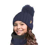 TOSKATOK Kinder Mädchen Winter gerippter Seestich Thermo warmer kuscheliger Fleece gefütterter Halswärmer Snood Schal mit Mütze Set
