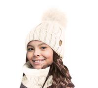 TOSKATOK Kinder Mädchen Winter gerippter Seestich Thermo warmer kuscheliger Fleece gefütterter Halswärmer Snood Schal mit Mütze Set