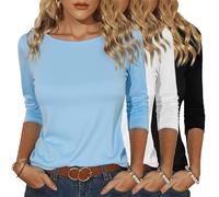Totatuit 3er Pack Damen T-Shirt 3/4 Arm Shirt Bateau-Ausschnitt Leichte Oberteil Einfarbig Basic Tee Tops Stretch Elegantes Top