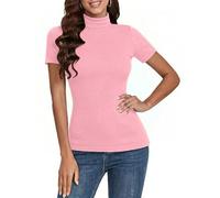 Totatuit Damen Geripptes T-Shirt mit Stehkragen Kurzarm | Stretchkomfort, schmale Passform, elegante Optik, für Frühling Sommer Herbst Alltag Büro, kombinierbar mit Jeans oder Rock
