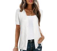 Totatuit Damen Lässig V-Ausschnitt Strickjacke Sommer Kurzarm Cardigan mit Knopf Weiß M