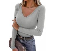 Totatuit Damen Langarmshirt V Ausschnitt Sexy Oberteile Geripptes Stretch Baumwolle Slim Fit Pullover Tops Grau XXL