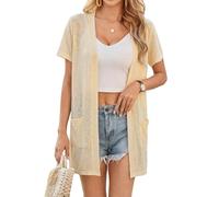 Totatuit Damen Strickjacke Lässige Kurzarm Cardigan Lockere Lange Sommer Kimono Urlaub Strand Cover Up Apricot XL